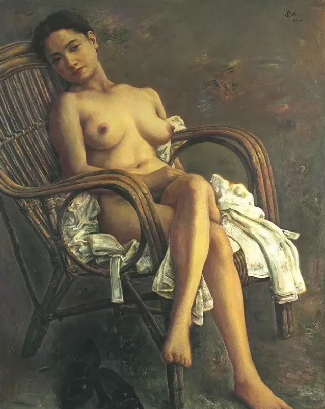 蔡潮·坐在藤椅上的女人体 