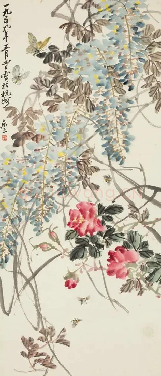 诸乐三·蜂蝶团花图