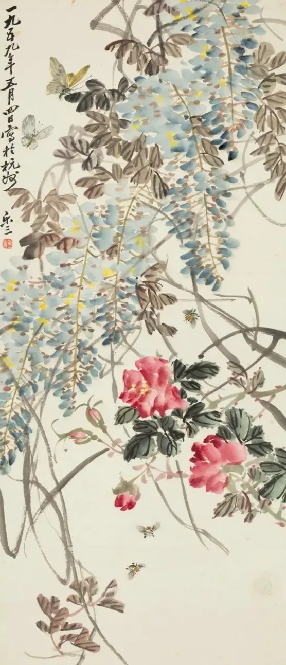 诸乐三·蜂蝶团花图