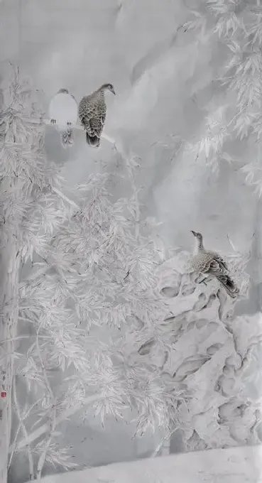 李卫华·雪篁集禽图