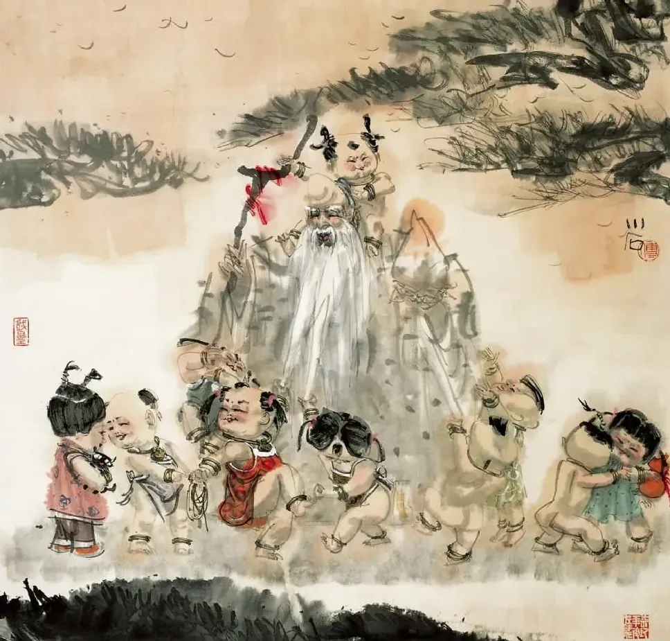 傅小石·寿星与顽童