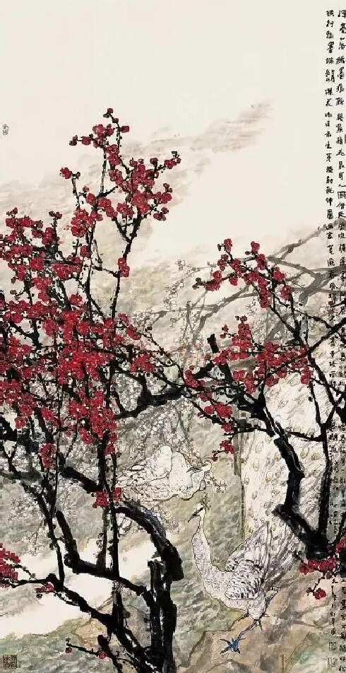 江文湛·红梅孔雀图