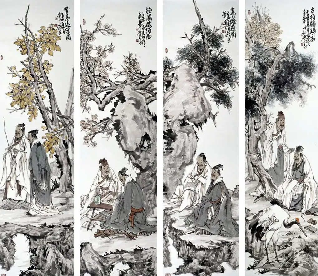 李庆富·古柏鹤归图