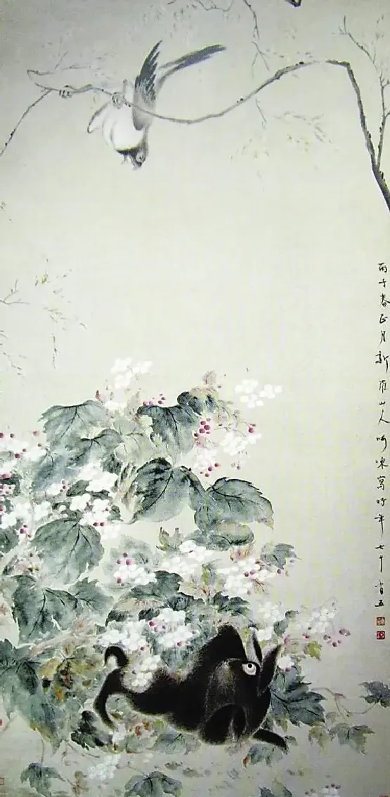 华喦·海棠禽兔图