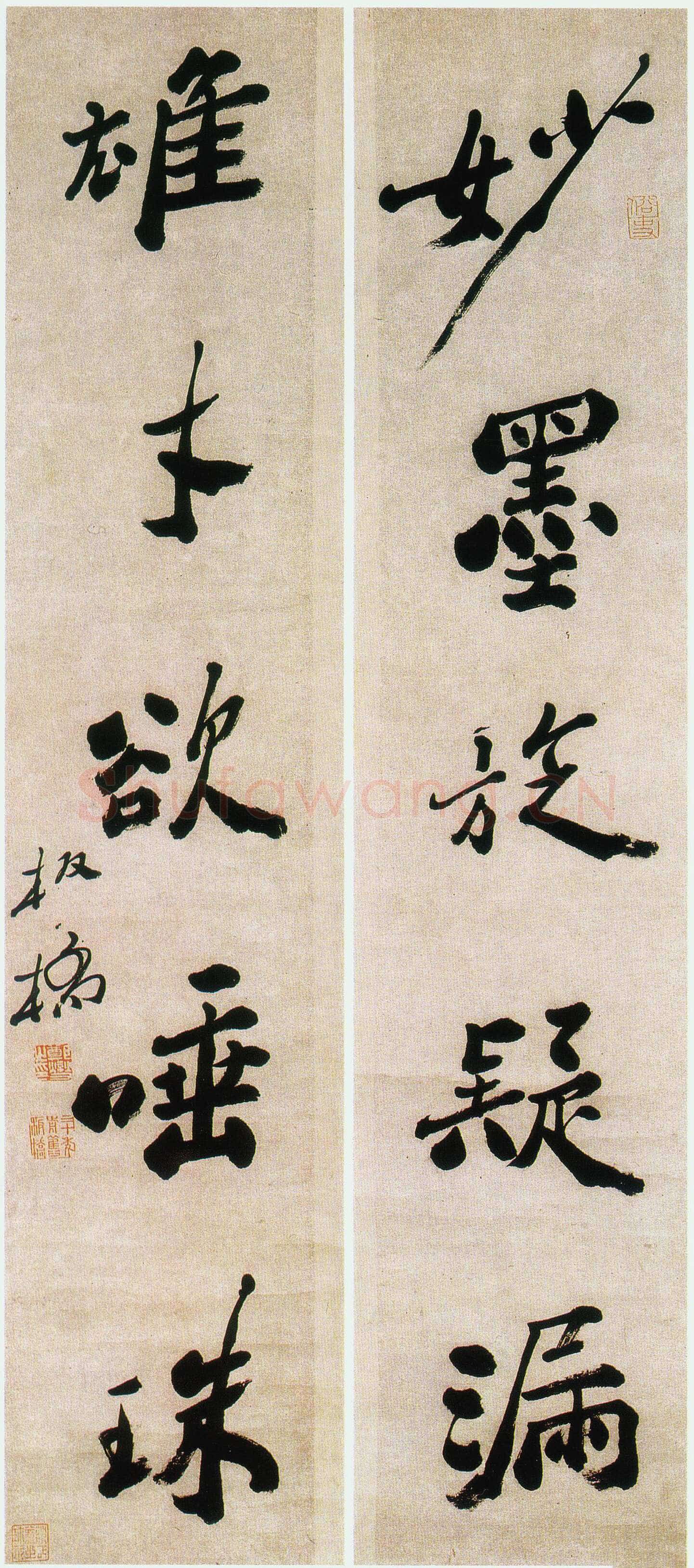 郑燮(郑板桥)《行书妙墨雄才五言联》纸本 93×20cm×2 广州美术馆藏