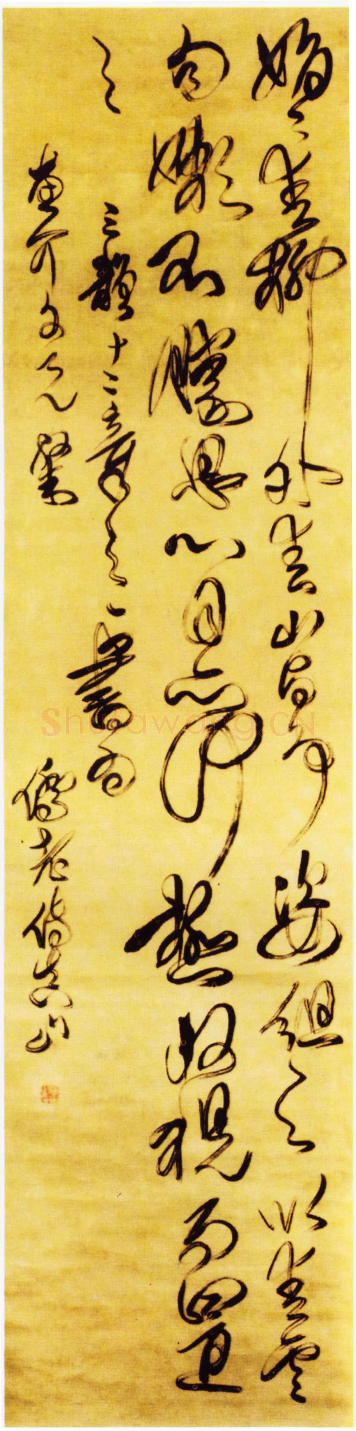 傅山《草书娟娟青柳外五言古诗立轴》绫本纵201.5cm，宽50.9cm 北京故宫博物院藏