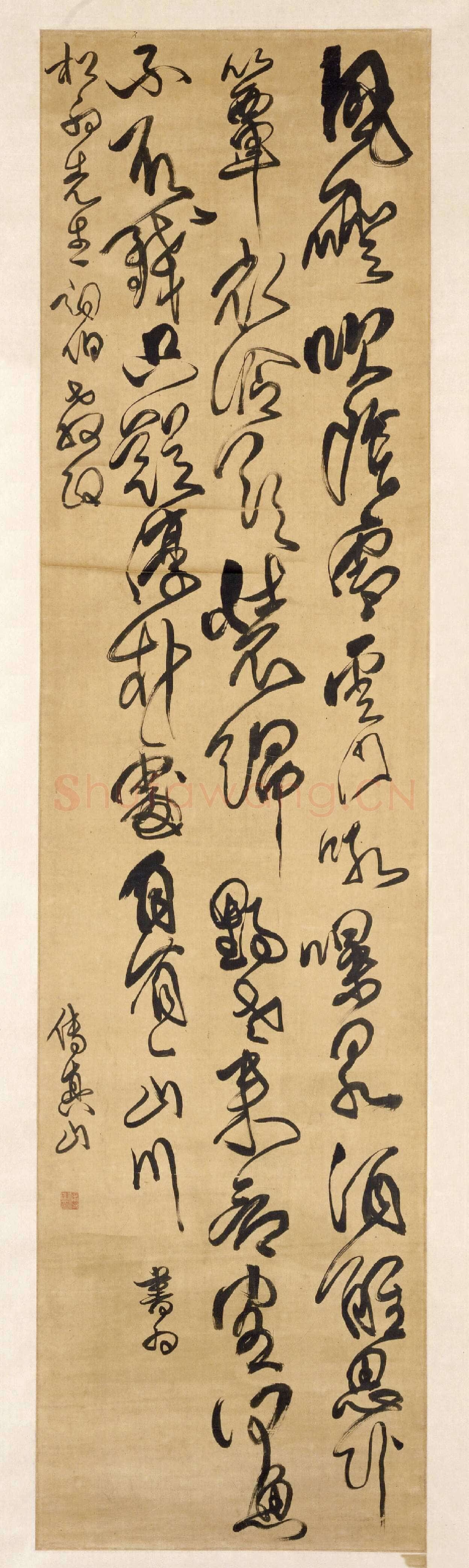 傅山《草书风磴吹阴雪五律诗轴》绫本，纵185.7cm，横51cm。北京故宫博物院藏
