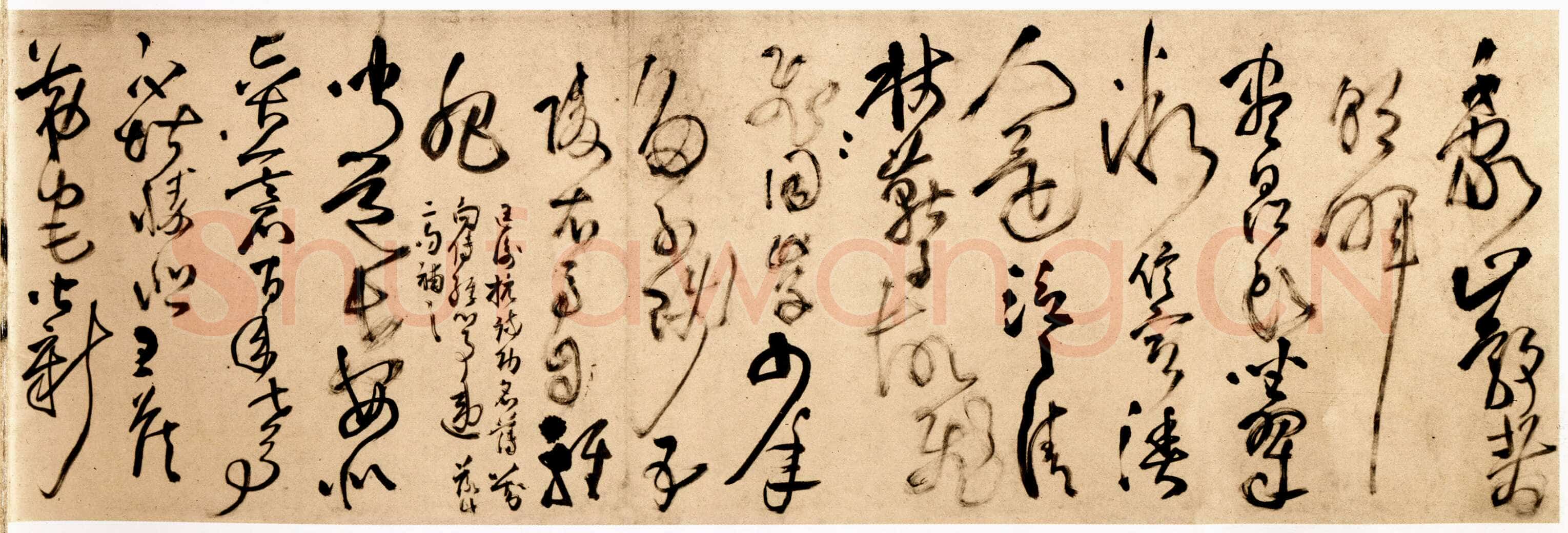 王铎 《杜甫秋兴》卷 清顺治三年(丙戌1646年)。纸本草书。纵28厘米,横420厘米。广州美术馆藏。