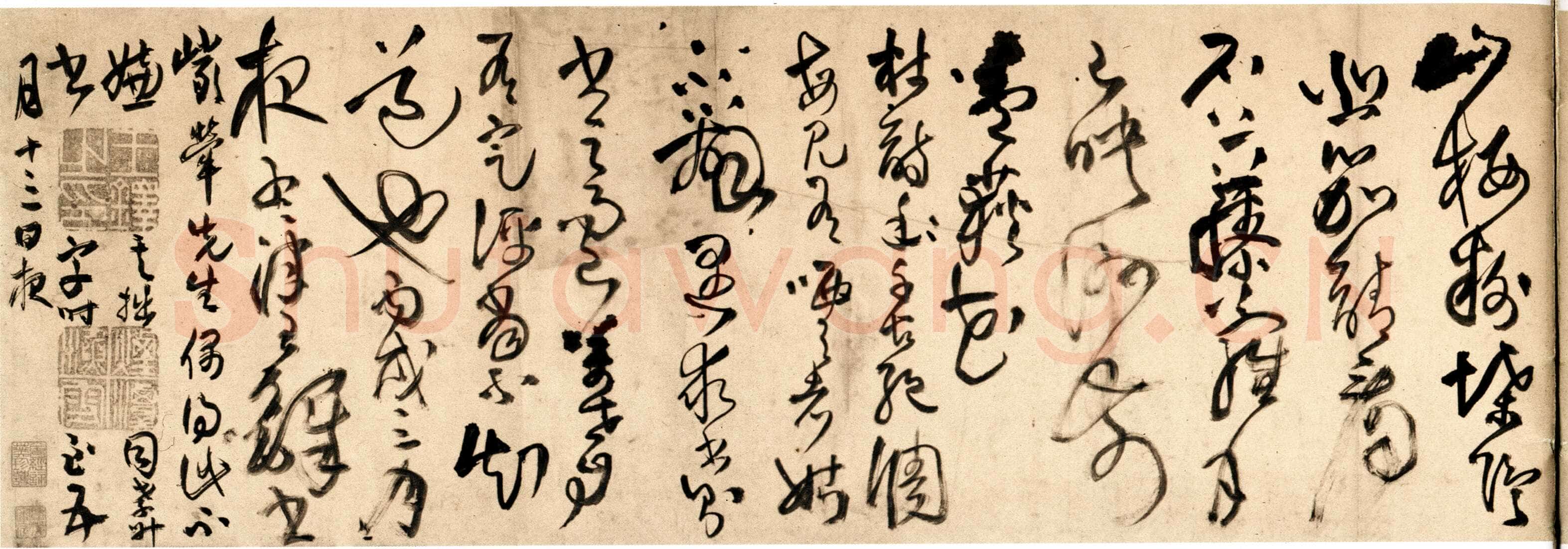王铎 《杜甫秋兴》卷 清顺治三年(丙戌1646年)。纸本草书。纵28厘米,横420厘米。广州美术馆藏。