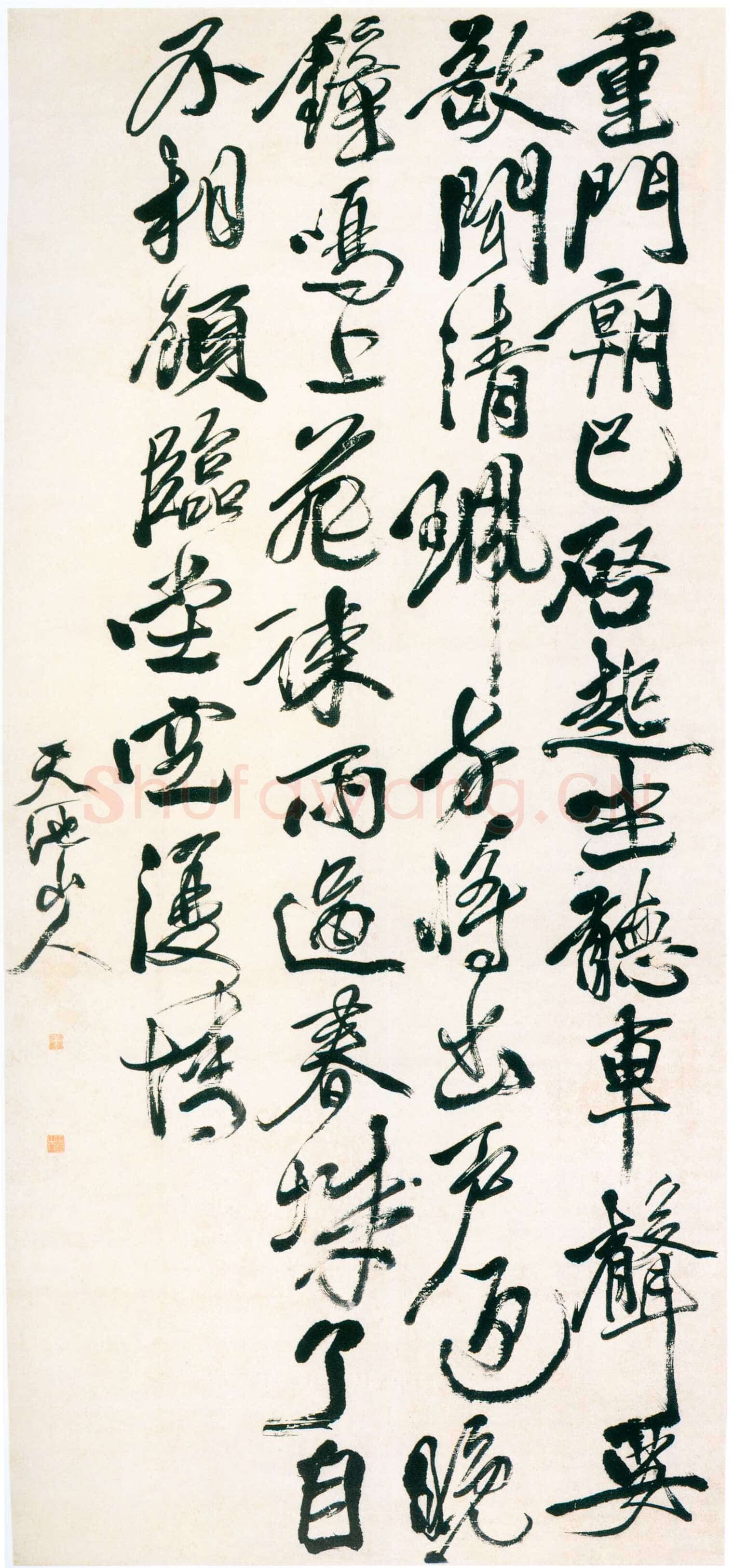 徐渭《行书王维“待储光羲不至”五律诗轴》纸本行书，227cm×105.2cm 浙江省博物馆藏