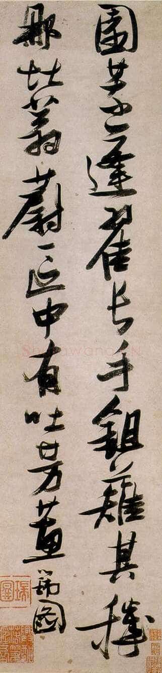张瑞图《行书园荒蓬藋五绝诗轴》纸本 112.6×28厘米 上海博物馆藏