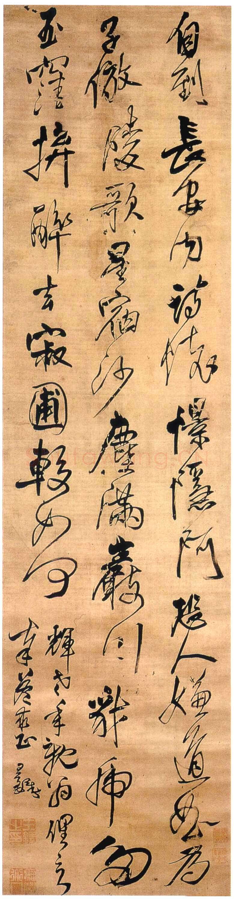 王铎 自作五律行草诗轴 绫本 纵202.8cm 横51.5cm 四川省博物馆藏