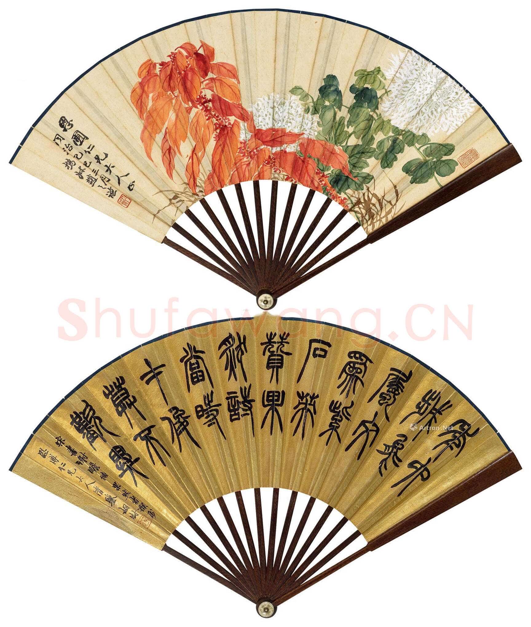 胡澍赵之谦 胡澍 《秋卉·篆书 成扇》设色绢本、水墨金笺 17.5×51cm 中国嘉德2019春拍