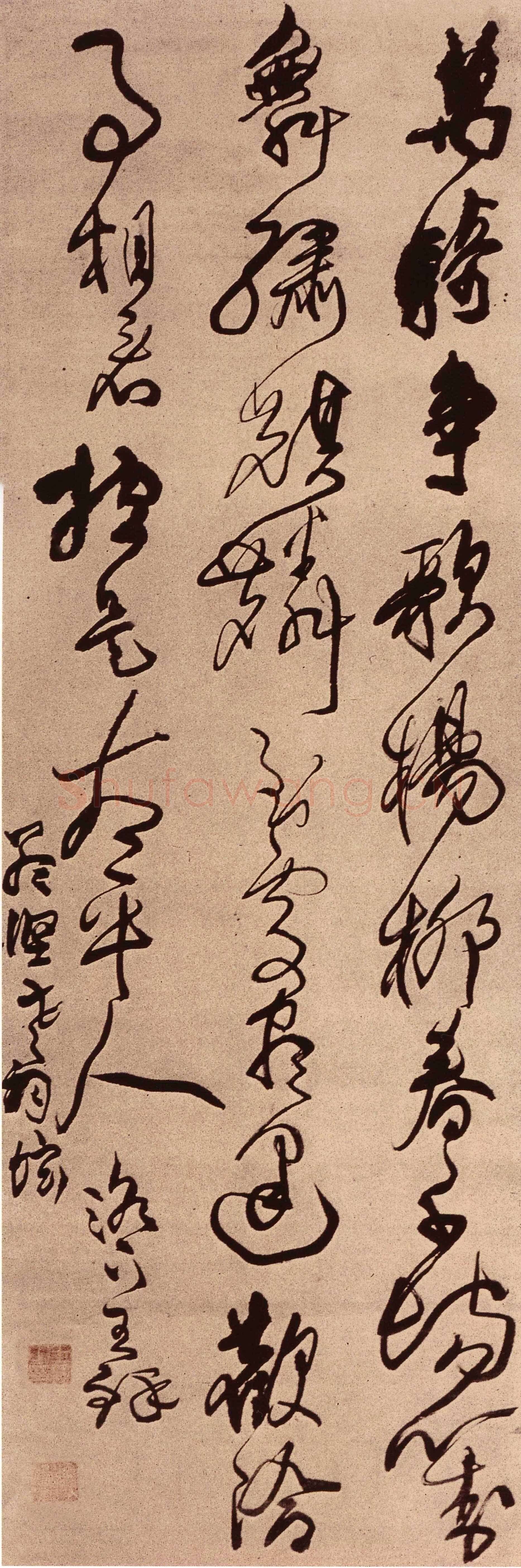 王铎《草书高适七绝万骑争歌杨柳春诗立轴》约书于明崇祯十二-十三年(己卯1639-庚辰1640年)，行草书。166×55cm 日本村上三岛氏藏