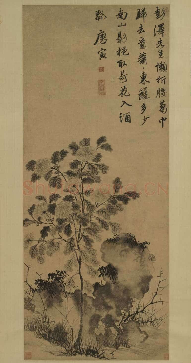 唐寅《秋菊图》轴 纸本水墨，135×55.5cm 天津博物馆藏