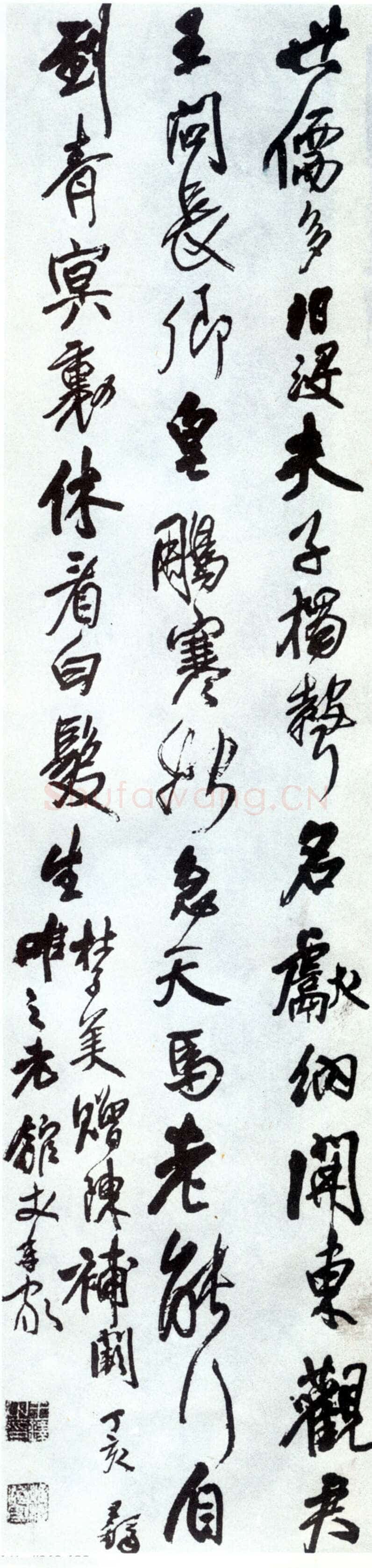 王铎《杜子美赠陈补阀诗》清顺治四年(丁亥1647年)，绫本，行书，纵203cm，横5lcm 开封市博物馆藏。