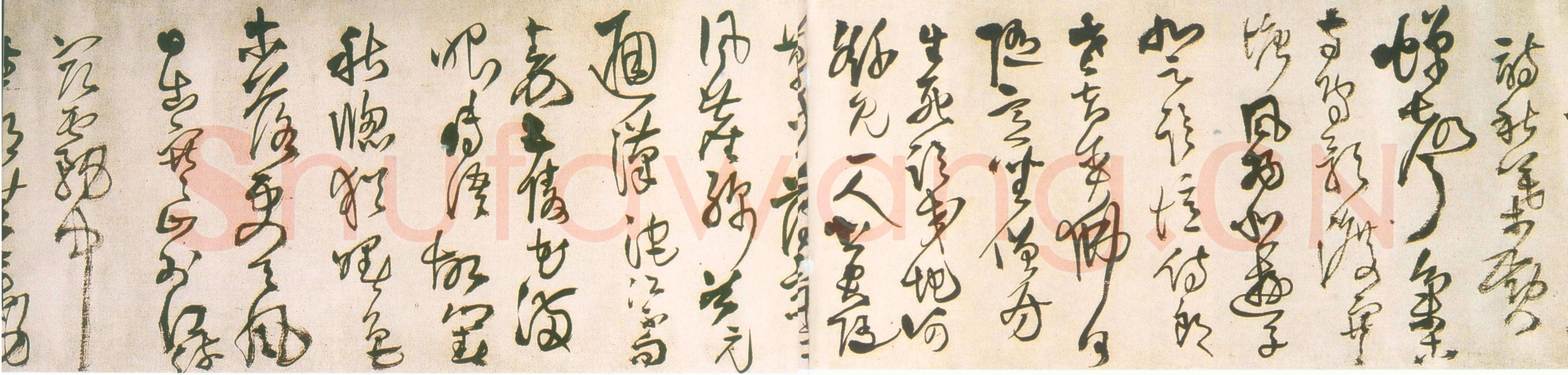 王铎《草书杜律卷局部》清顺治三年(丙戌1646年)草书,素绫本。纵25.1cm,横220.2cm。辽宁省博物馆藏。
