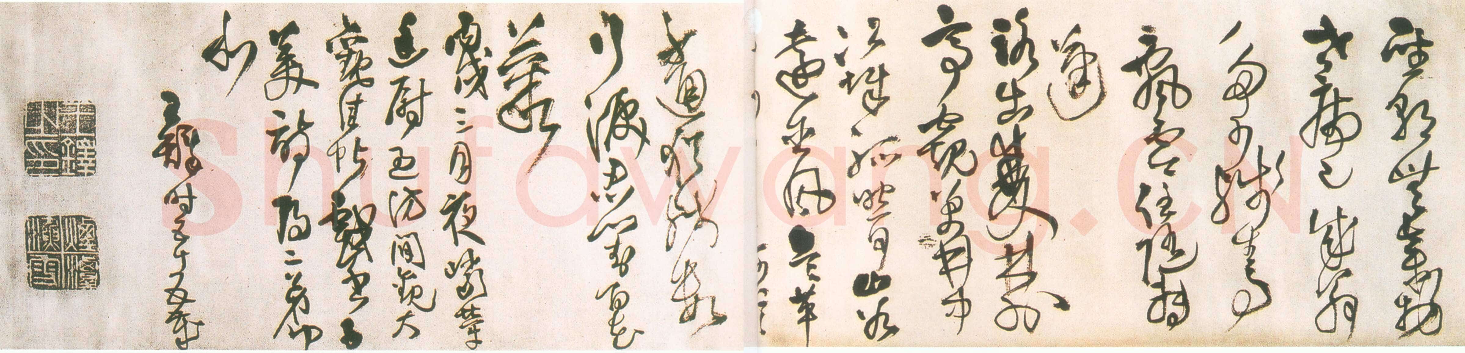 王铎《草书杜律卷局部》清顺治三年(丙戌1646年)草书,素绫本。纵25.1cm,横220.2cm。辽宁省博物馆藏。