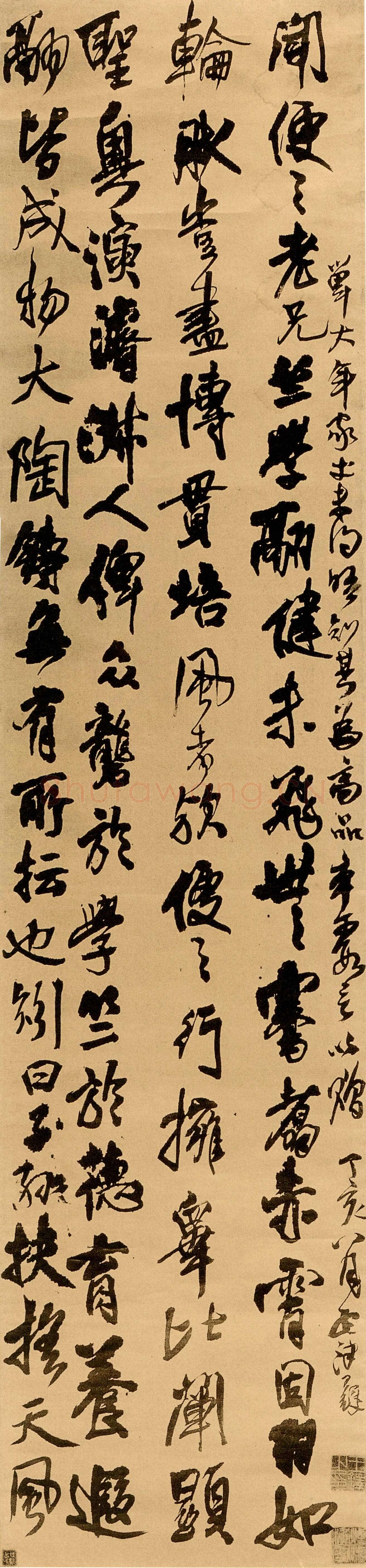 王铎《行书赠单大年家丈立轴》清顺治四年(丁亥1647年)。绫本 纵234cm,宽56cm。台湾何创时书法艺术馆藏