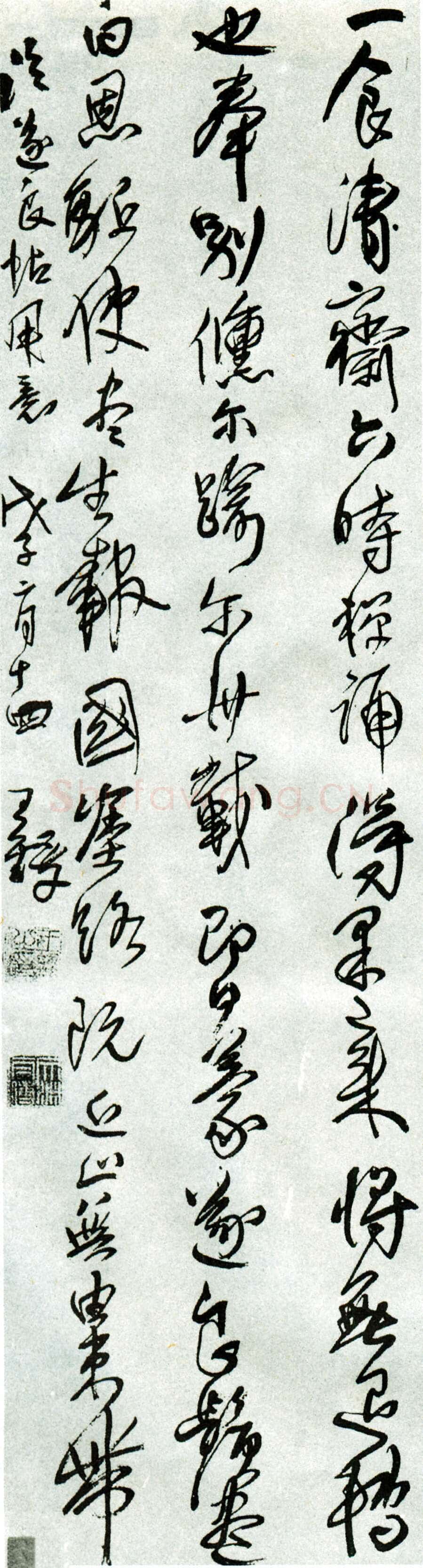 王铎《节临褚遂良家侄帖》清顺治五年(戊子1648年)，绢本，行草书。纵202.5cm，横51.2cm。青岛市博物馆藏。