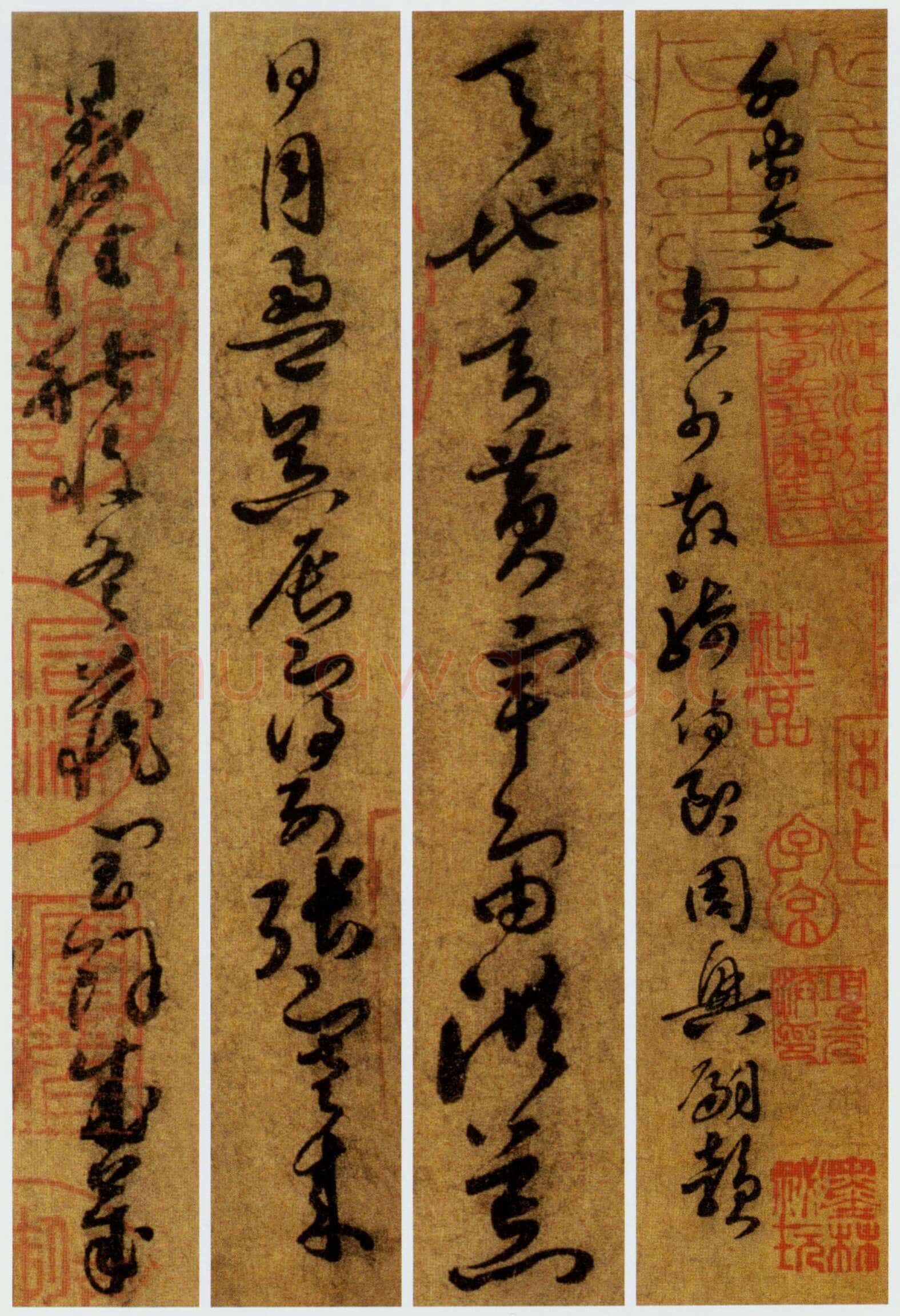 孙过庭《草书千字文第五本卷》白麻纸本 包首锦为宋紫钤鸾鹊谱缂丝 25.7×82.5厘米 辽宁省博物馆藏