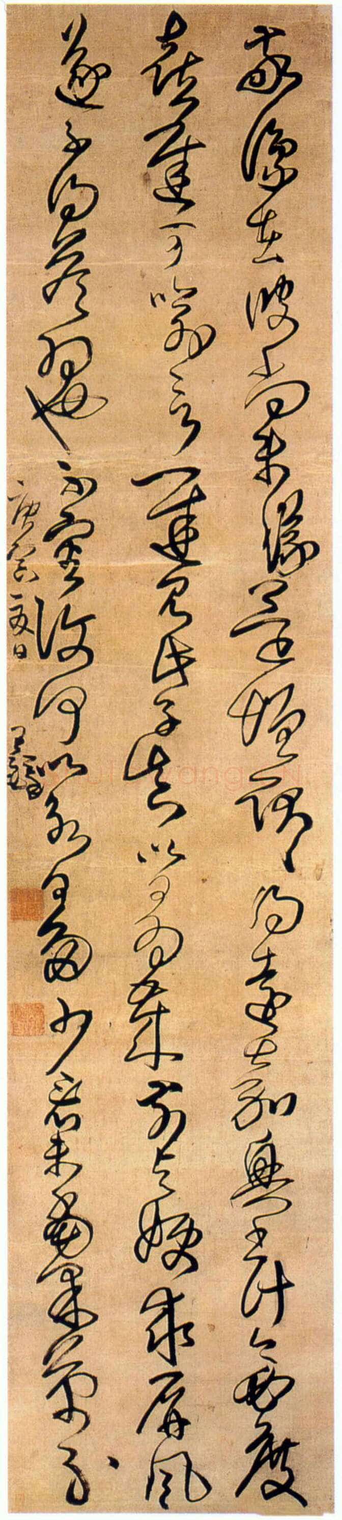 王铎《临王羲之帖》轴 清顺治七年(庚寅1650年)。草书，绫本。纵240cm，横51cm。开封市博物馆藏。