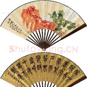 清代胡澍赵之谦 胡澍 《秋卉·篆书 成扇》设色绢本、水墨金笺 17.5×51cm 中国嘉德2019春拍